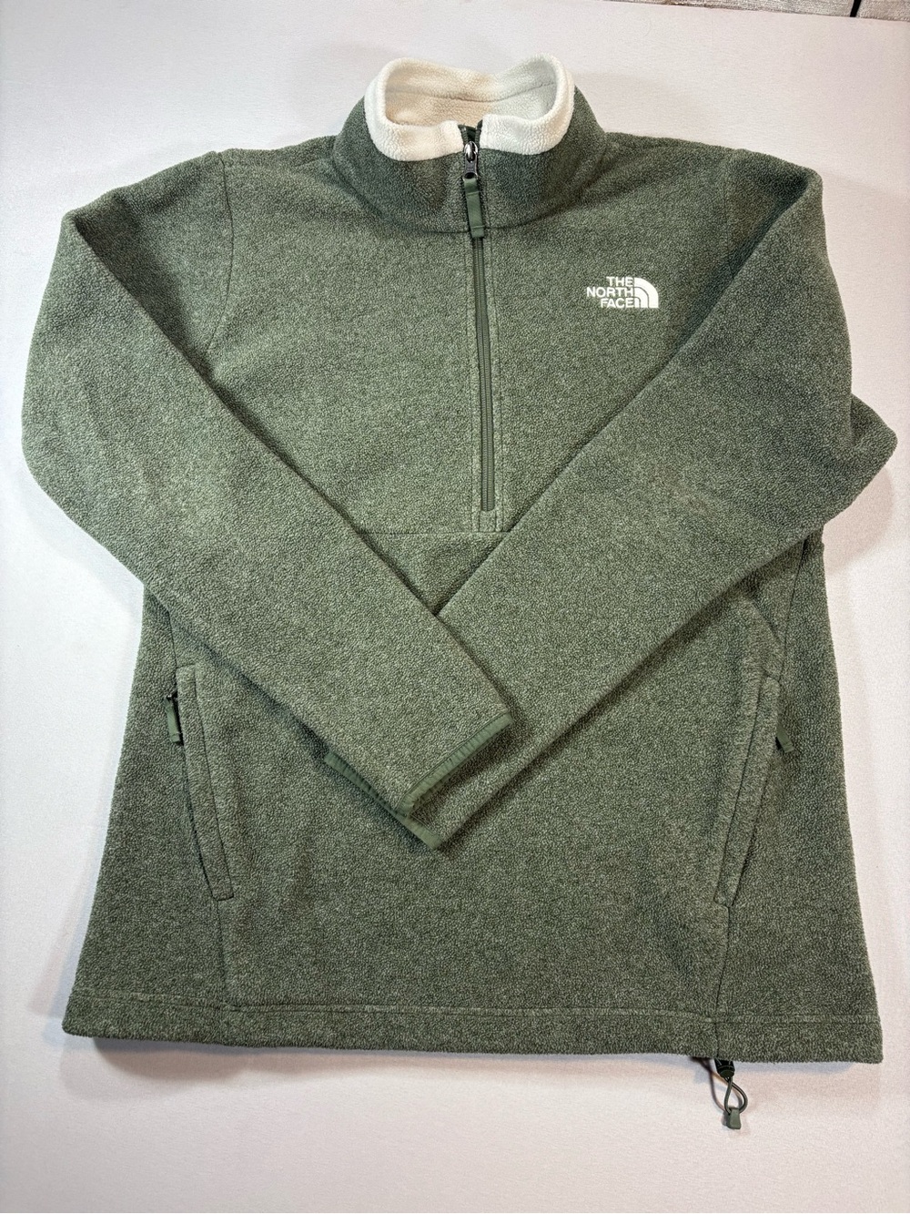 The North Face Women's L Olive Green 1/4 Zip-Up Fleece Cream Collar